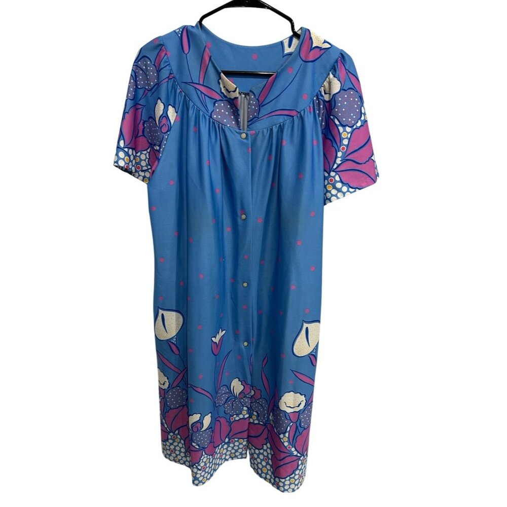 Vintage Granada Blue Floral House Dress Medium Short Sleeve Snap Front